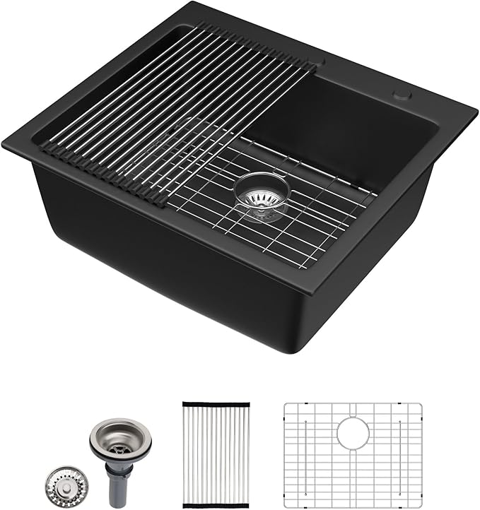 Dcolora 25" Quartz Sink Drop In Wet Bar Sink Black Prep Kitchen Sink Topmount Deep Single Bowl, 25"x22", Round Corner, DC-GU7753