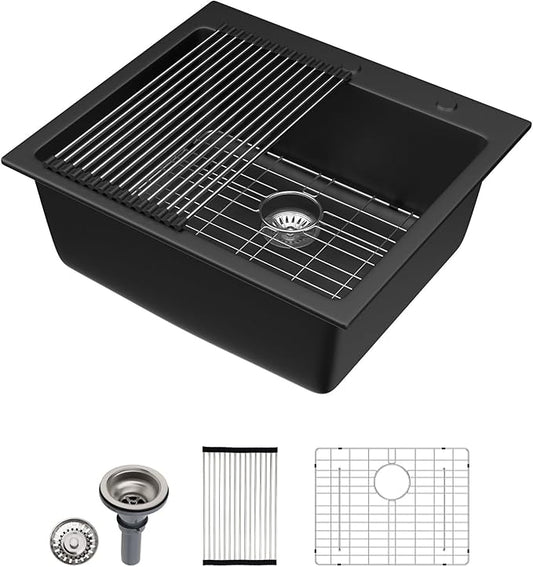 Dcolora 25" Quartz Sink Drop In Wet Bar Sink Black Prep Kitchen Sink Topmount Deep Single Bowl, 25"x22", Round Corner, DC-GU7753