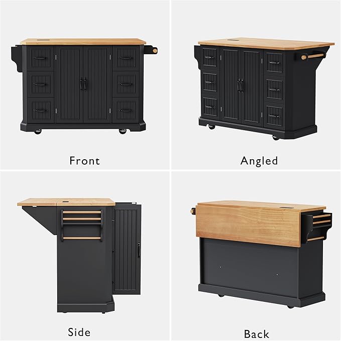 Merax Farmhouse Rolling Kitchen Island on Wheels with Drop Leaf Table & Power Outlet, Wood Kitchen Cart on Wheels with Towel Rack, 6 Drawers & Cabinet, 55" Wide Black