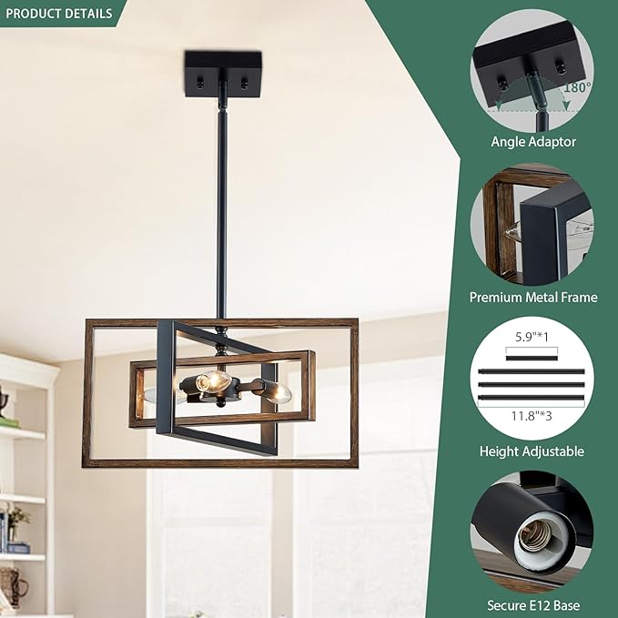 Black Chandelier, 3-Light Farmhouse Rectangular Ceiling Lighting Fixtures, 16" Faux-Wood Metal Pendant Light Height Adjustable for Foyer, Entryway, Kitchen, Dining Room