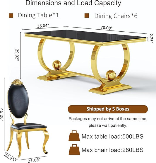 7-Piece Modern Dining Table Set, 70" Black Tempered Glass Kitchen Table with Gold Polished Stainless Steel U-Shaped Pedestal Base and 6 Black PU Leather Chairs with Mirrored Legs, for Dining Room