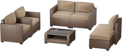 Patio Furniture Set, 7-Piece Outdoor Sectional Couch with Coffee Table & Thick Cushions, Outdoor Wicker Conversation Set for Backyard, Poolside, Garden (Brown-Camel, 7 Piece-Double)