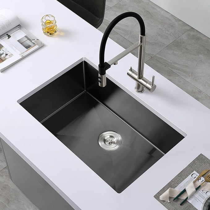 POPFLY 28×20 Inch Undermount SUS 304 Kitchen Sink, 18 Gauge Stainless Steel Handmade 9 Inch Deep Single Bowl Kitchen Sinks PVD Gunmetal Finish, Black