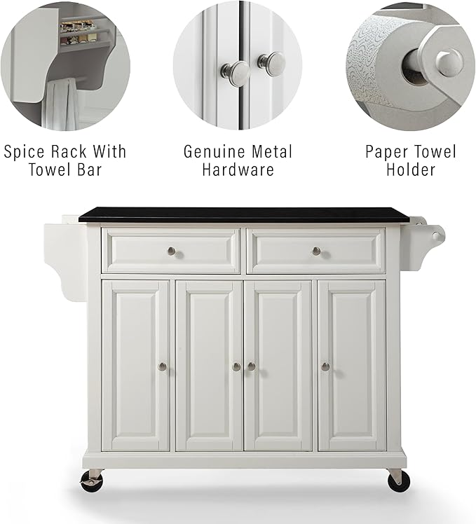 Crosley Furniture Full Size Granite Top Rolling Kitchen Island Storage Cart, Microwave Stand, Spice Rack, White
