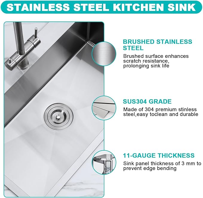28x18 Inch Drop in Kitchen Sink, 304 Stainless Steel Single Bowl with Dual Faucet Holes & Bottom Grid Mat, 9" Deep Large Sink for Spacious Kitchen, Laundry, Bar, Commercial Prep Station