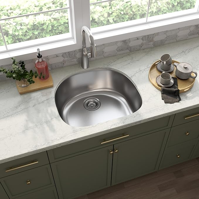 MSI 23 Inch x 21 Inch Undermount Single Bowl 18 Gauge Stainless Steel Kitchen Bar Sink and Strainer