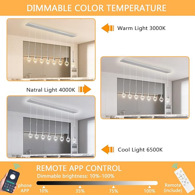 Rectangular Crystal Pendant Lights for Kitchen Island 8 Light Dimmable Crystal Chandelier Lighting Fixtures with Remote for Dining Room Living Room Silver