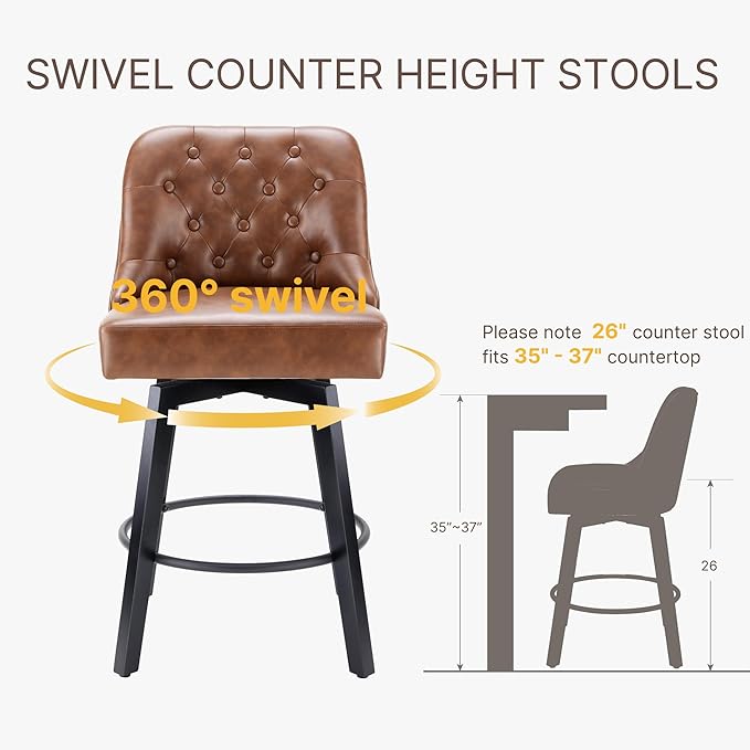 KISLOT Swivel Counter Height Bar Stools Set of 4, 26" Upholstered Faux Leather Barstools with Back,Thick Seat and Square Solid Wood Legs for Kitchen Island Home Bar, Brown