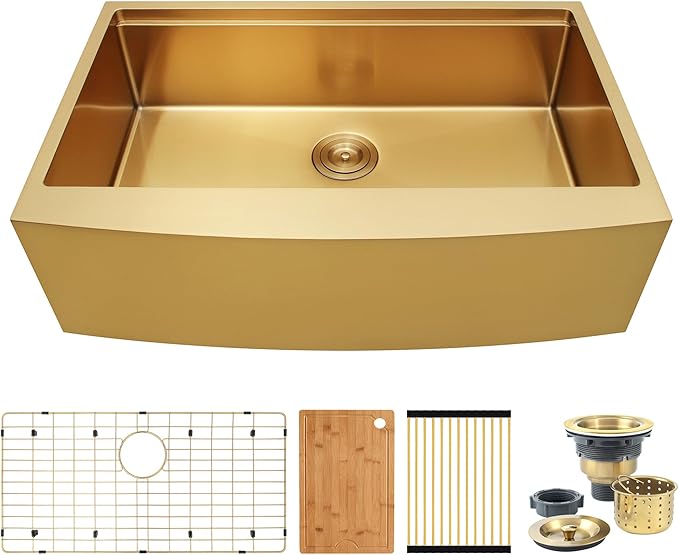 Kitsitchen 33 Inch Gold Farmhouse Sink,16 Gauge Single Bowl Workstation Stainless Steel Rustic Farmhouse Kitchen Sink,Large Apron Front Undermount Farm Kitchen Sinks with Accessories(33"x20"x10")