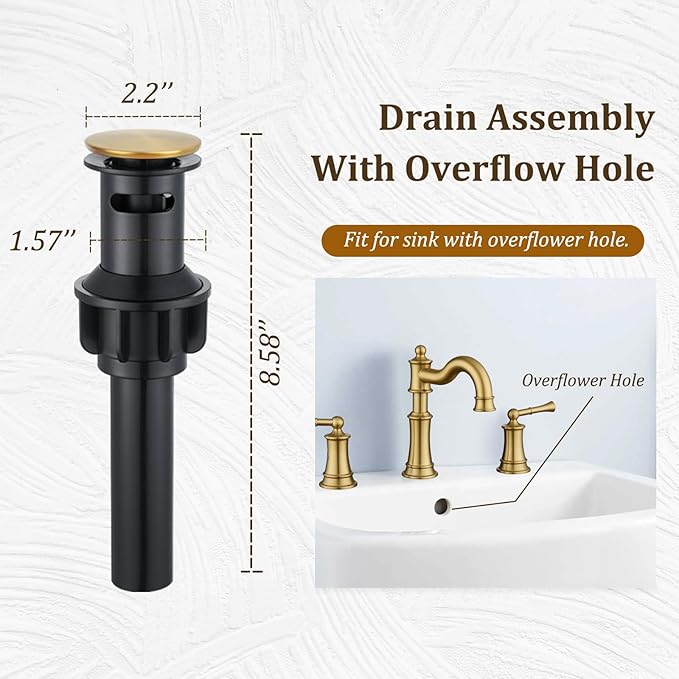 Bathroom Sink Faucet, Brushed Gold Roman Stlye Rotated Spout Vanity Basin Faucets 3 Holes 2 Handles 8 inches Widespread Deck Mount Brass Faucet for Sink with Overflow Pop Up Drain NL2204-BG