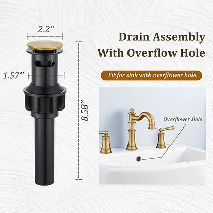 Bathroom Sink Faucet, Brushed Gold Roman Stlye Rotated Spout Vanity Basin Faucets 3 Holes 2 Handles 8 inches Widespread Deck Mount Brass Faucet for Sink with Overflow Pop Up Drain NL2204-BG