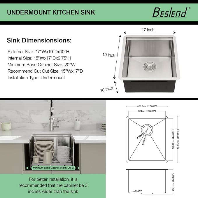 17 Undermount Kitchen Sink - Beslend Under Counter Ledge Workstation Undermount Bar Sinks Stainless Steel 16 Gauge Single Bowl Stages 10 Inch Deep Rv Wet Bar Outdoor Camper Prep Sink 17x19 Inch