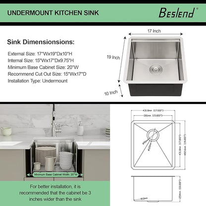 17 Undermount Kitchen Sink - Beslend Under Counter Ledge Workstation Undermount Bar Sinks Stainless Steel 16 Gauge Single Bowl Stages 10 Inch Deep Rv Wet Bar Outdoor Camper Prep Sink 17x19 Inch
