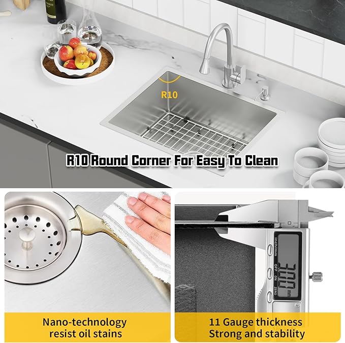 24x19 Inch Stainless Steel Kitchen Sink-Undermount Single Bowl Drop In Kitchen Sink Stylish And Modern Look Come With Bottom Grid,Silicon Mat And Drain Assembly Add Elegance & Enhance Usability