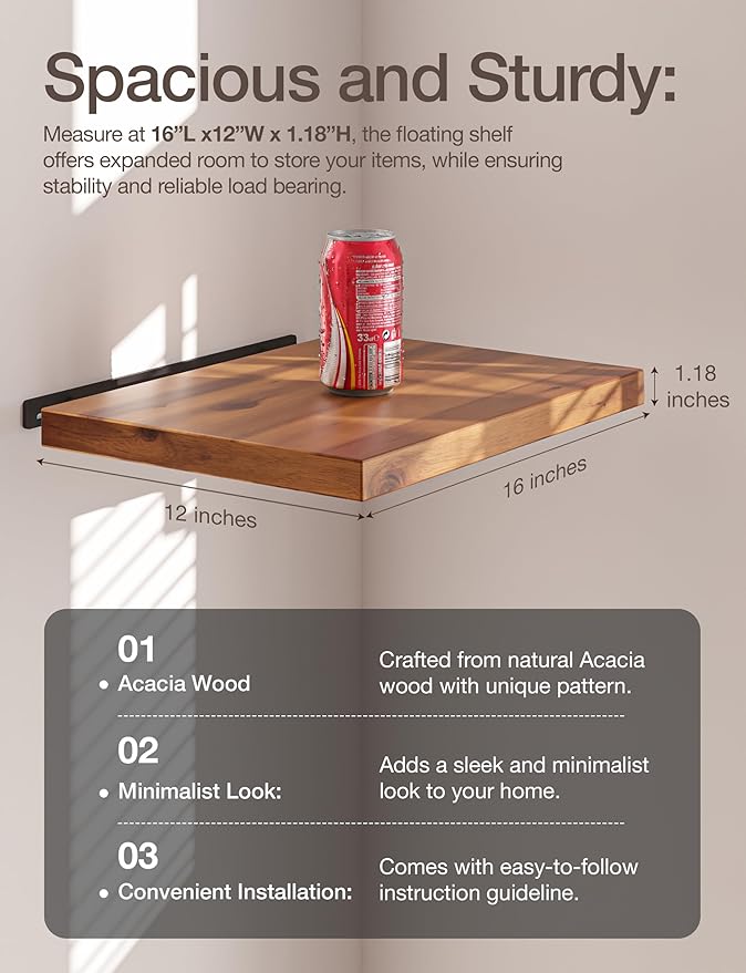 BATODA 16” x 12” Acacia Deep Floating Shelves, Large Extra Wooden Floating Shelves for Wall - Floating Book Shelves, Floating Shelf for Bedroom, Bathroom - Wall Decor Living Room (Hardware Included)