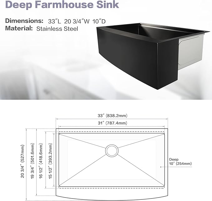 Black Farmhouse Kitchen Sink,16 Gauge 304S Stainless Steel Workstation Farm Sinks with Accessories, 33" x 20" x 10" Large and Deep Single Bowl Apron Front Kitchen Sinks