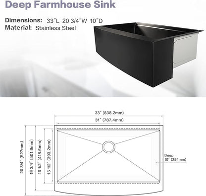 Black Farmhouse Kitchen Sink,16 Gauge 304S Stainless Steel Workstation Farm Sinks with Accessories, 33" x 20" x 10" Large and Deep Single Bowl Apron Front Kitchen Sinks
