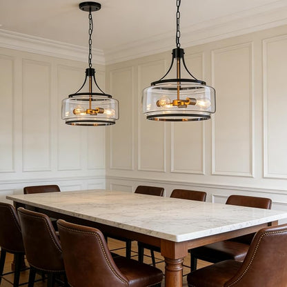 15.7 Inch Glass Drum Dining Room Light Fixture Over Table, Modern Black and Gold Chandeliers for Dining Room, Drum Pendant Light for Kitchen,Entryway,Living Room