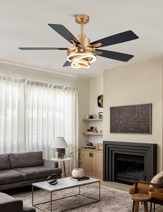 Dawn Whisper 52" Ceiling Fan with Light Gold Chandelier Fan DC Motor Dimmable LED Modern Ceiling Fan with Light for Bedroom Living Room
