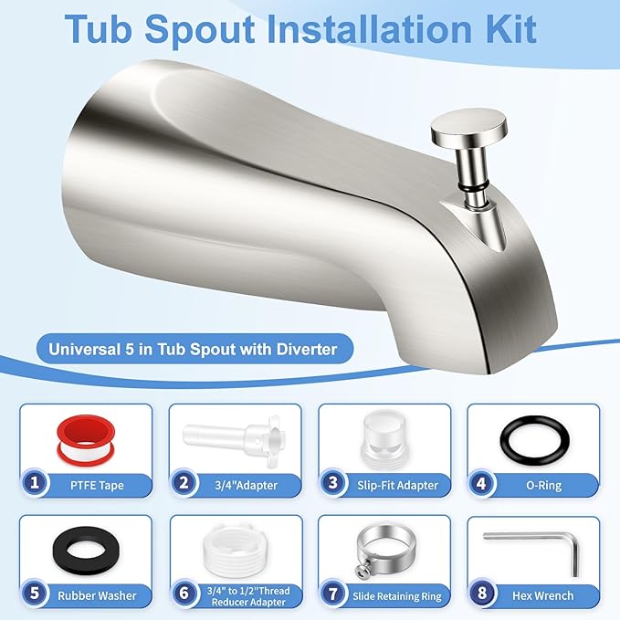 Universal Tub Spout with Diverter, Fits 1/2" Slip on Copper Pipe and 1/2" IPS & 3/4" IPS Threaded, Bathroom Tub Faucet Replacement, Bathtub Spout with Adapter and Hex Wrench (Brushed Nickel)
