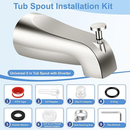 Universal Tub Spout with Diverter, Fits 1/2" Slip on Copper Pipe and 1/2" IPS & 3/4" IPS Threaded, Bathroom Tub Faucet Replacement, Bathtub Spout with Adapter and Hex Wrench (Brushed Nickel)