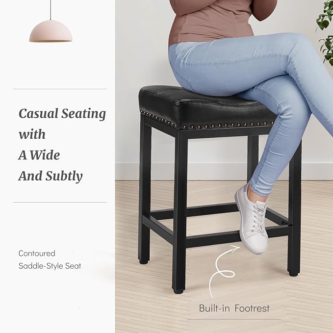 DUMOS Saddle Bar Stools Set of 2, 24 Inch Counter Height Stools with Curved PU Leather Surface, 3.7" Thick Upholstery Bar Height Stools with Footrest for Kitchen Island, Dining, Cafe, Black
