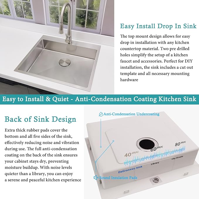 25x22 Drop In Kitchen Sink – Delironexu 18 Gauge Stainless Steel Kitchen Sink, 25 Inch Top Mount Kitchen Sink with Brushed Finish, 6 Inch Deep Single Bowl Kitchen Sinks for RV, Prep, and Outdoor Use