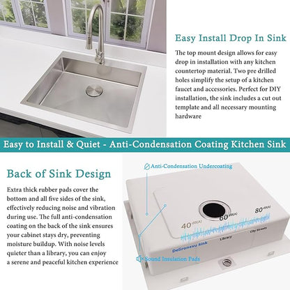 25x22 Drop In Kitchen Sink – Delironexu 18 Gauge Stainless Steel Kitchen Sink, 25 Inch Top Mount Kitchen Sink with Brushed Finish, 6 Inch Deep Single Bowl Kitchen Sinks for RV, Prep, and Outdoor Use