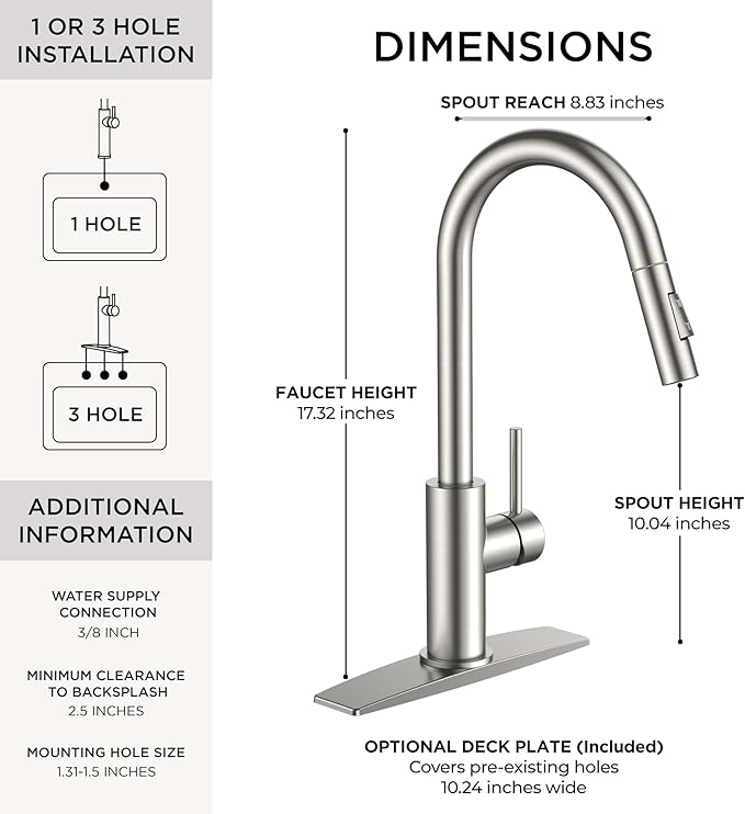 FORIOUS Brushed Nickel Kitchen Faucet with Pull Down Sprayer, Stainless Steel High Arc Gooseneck Modern Sink Faucet with CUPC Ceramic Cartridge, Single Handle and Deck Plate