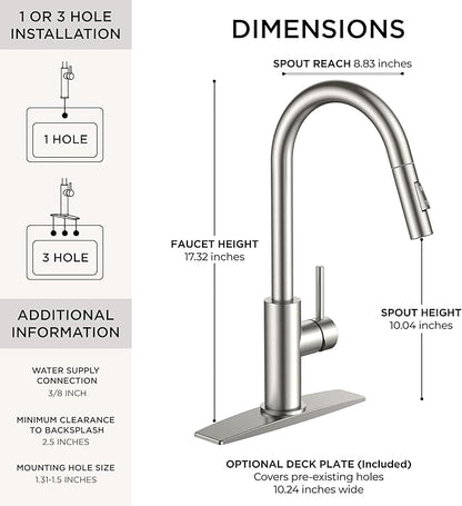 FORIOUS Brushed Nickel Kitchen Faucet with Pull Down Sprayer, Stainless Steel High Arc Gooseneck Modern Sink Faucet with CUPC Ceramic Cartridge, Single Handle and Deck Plate