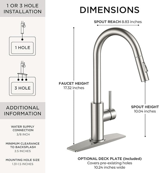 FORIOUS Brushed Nickel Kitchen Faucet with Pull Down Sprayer, Stainless Steel High Arc Gooseneck Modern Sink Faucet with CUPC Ceramic Cartridge, Single Handle and Deck Plate