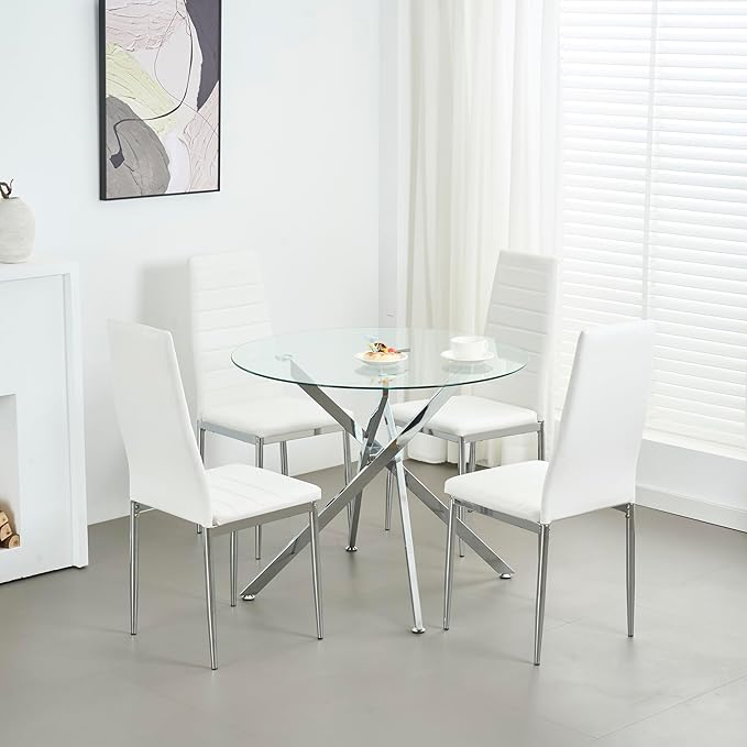 Round Glass Dining Table,Glass Dining Room Table with Metal Legs, Modern Glass Kitchen Table for Home, Kitchen, Dining Room