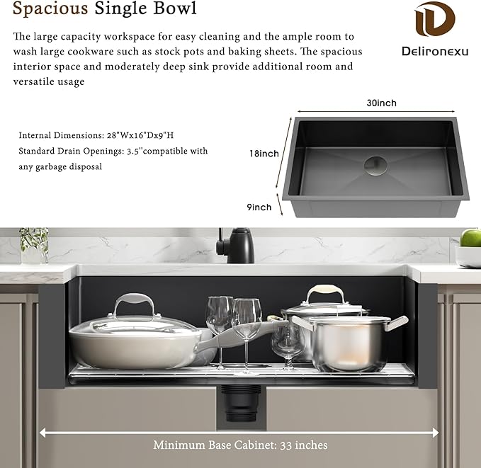 30 Inch Black Undermount Kitchen Sink - Delironexu Single Bowl Kitchen sinks, 16 Gauge Stainless Steel kitchen Sink Black with 4 Accessories, 30"x18"x9", Modern Design