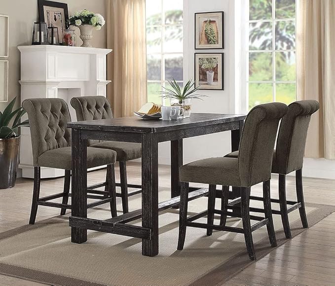 Rustic Gray Counter Height Chairs Set of 2, Chenille Upholstered Dining Chairs with Scrolled Backs for Kitchen Island