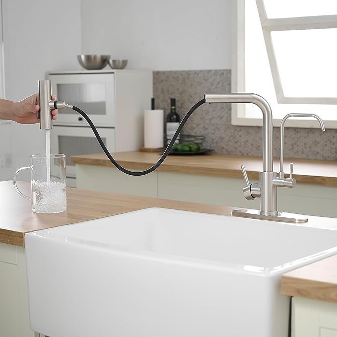 Kitchen Faucets with Water Filter and Pull Down Sprayer,Waterfall Kitchen Sink Faucet,Two Handle Sink Faucet with Pull Down Sprayer for 3 Function,Without Water Filtration Device,Brushed
