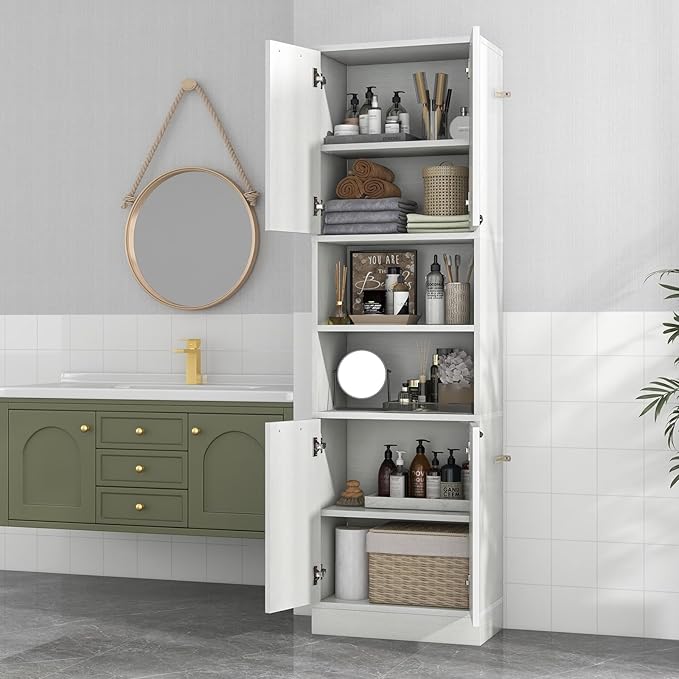 75” Kitchen Pantry Cabinet, Tall Freestanding Kitchen Hutch with 4 Doors, 2 Open Shelves & 4 Anti-Tipping Devices, Bathroom Storage Cabinet for Living Room, Dining Room (White Oak)