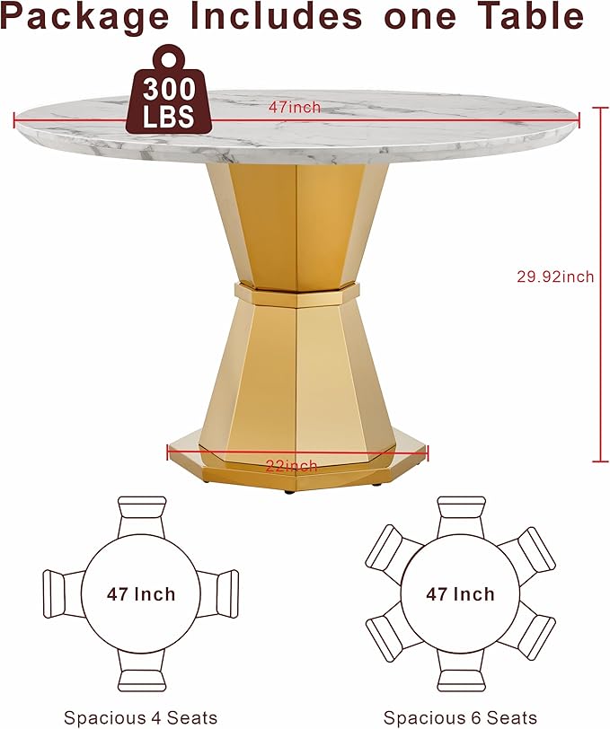 47" Round Marble Dining Table for 4-6, Luxury Modern Kitchen Table with Marble Grain MDF Tabletop & Gold Mirrored Stainless Steel Pedestal Base, Grey Stone Dinner Table for Dining Room (Table Only)