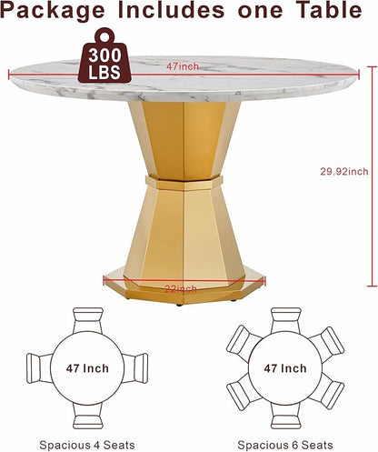 47" Round Marble Dining Table for 4-6, Luxury Modern Kitchen Table with Marble Grain MDF Tabletop & Gold Mirrored Stainless Steel Pedestal Base, Grey Stone Dinner Table for Dining Room (Table Only)