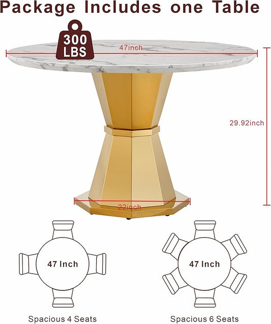 47" Round Marble Dining Table for 4-6, Luxury Modern Kitchen Table with Marble Grain MDF Tabletop & Gold Mirrored Stainless Steel Pedestal Base, Grey Stone Dinner Table for Dining Room (Table Only)