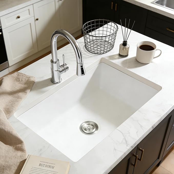 MILOSEN White Undermount Kitchen Sink, 28×18 inch White Granite Composite Kitchen Sinks, 9'' Depth Deep and Large Quartz Sink with Accessories, Pure White Single Bowl Large Capacity Basin for Kitchen