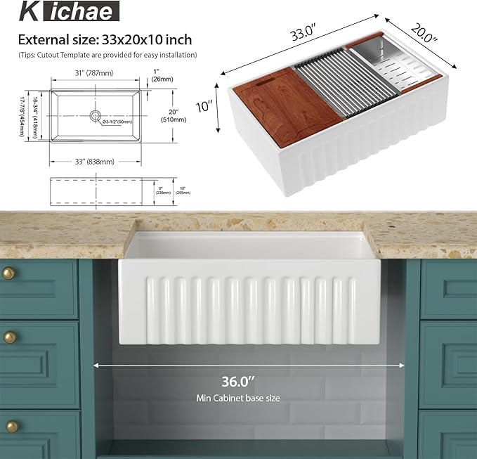 Kichae 33 White Farmhouse Kitchen Sink - 33X20 Inch Ledge Workstation Reversible Fluted Apron Front Ceramic Porcelain Farm Sinks Single Bowl with Gold Drain