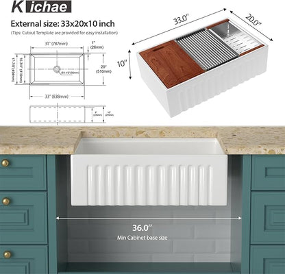 Kichae 33 White Farmhouse Kitchen Sink - 33X20 Inch Ledge Workstation Reversible Fluted Apron Front Ceramic Porcelain Farm Sinks Single Bowl with Gold Drain