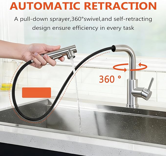 Friho Bar Sink Faucet with Pull Down Sprayer - Lead-Free SUS304 Stainless Steel Single Handle Kitchen Faucet, Brushed Nickel High Arc Kitchen Sink Faucet for Bar, Prep Station, RV & Laundry Room