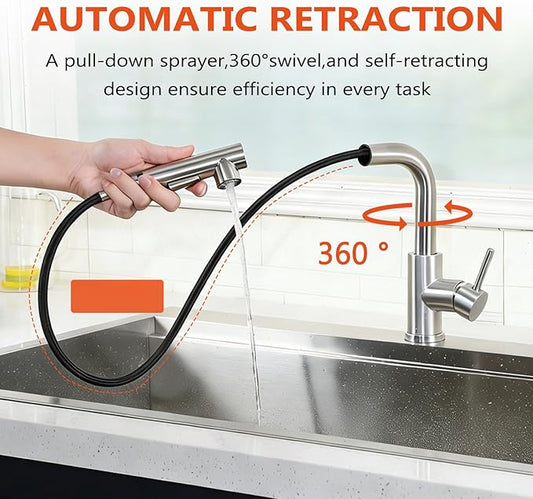 Friho Bar Sink Faucet with Pull Down Sprayer - Lead-Free SUS304 Stainless Steel Single Handle Kitchen Faucet, Brushed Nickel High Arc Kitchen Sink Faucet for Bar, Prep Station, RV & Laundry Room
