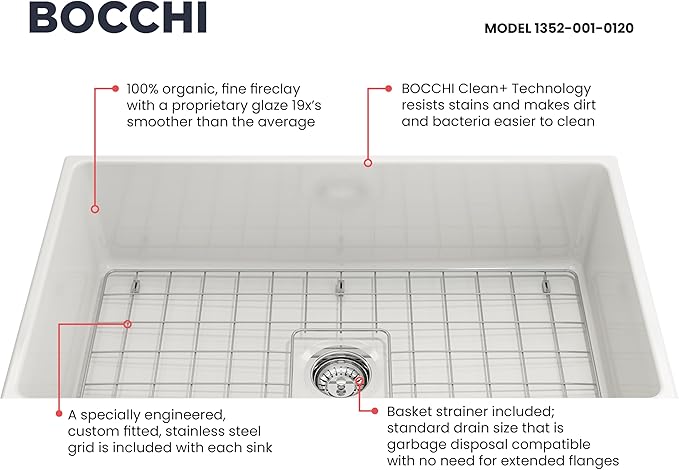 BOCCHI Contempo Farmhouse Apron Front Fireclay 33 in. Single Bowl Kitchen Sink with Protective Bottom Grid and Strainer in White