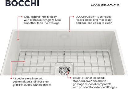 BOCCHI Contempo Farmhouse Apron Front Fireclay 33 in. Single Bowl Kitchen Sink with Protective Bottom Grid and Strainer in White