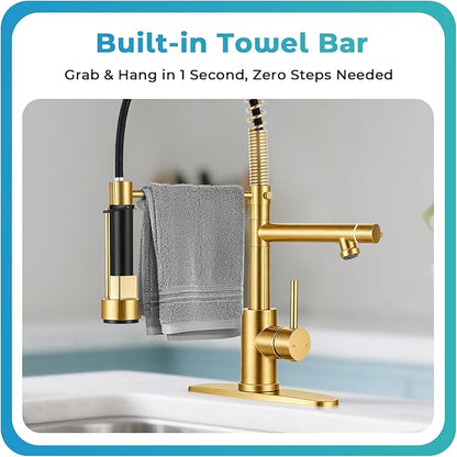 Kitchen Faucet with Pull Down Sprayer - Brushed Gold Single Handle Commercial Kitchen Faucets, 2-Spout Kitchen Sink Faucet, Stainless Steel Spring Pull Out Sink Faucet 1/3 Hole