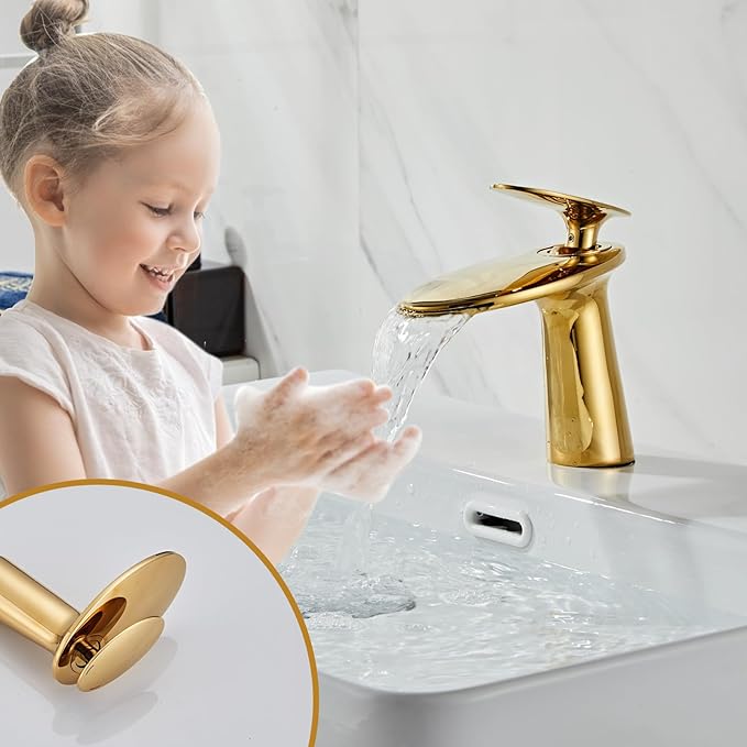 Wovier Shiny Polished Gold Waterfall Bathroom Sink Faucet,Single Handle Single Hole Brass Lavatory Vanity Faucet,Slanted Body Basin Mixer Tap with Supply Hose and Pop Up Drain Assembly