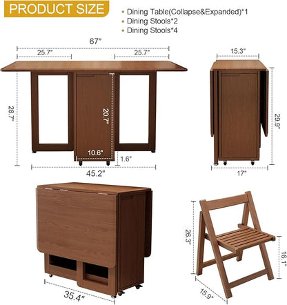 Solid Wood Folding Dining Table Extendable Dining Room Table 4 chairs, Wooden Dining Desk with Storage Wheel,Mid Century Modern Kitchen Table,Drop Leaf Table for Apartment,Living room,Walnut