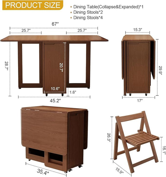 Solid Wood Folding Dining Table Extendable Dining Room Table 4 chairs, Wooden Dining Desk with Storage Wheel,Mid Century Modern Kitchen Table,Drop Leaf Table for Apartment,Living room,Walnut